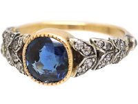 Edwardian 18ct Gold & Platinum, Sapphire & Diamond Ring with Leaf Motif