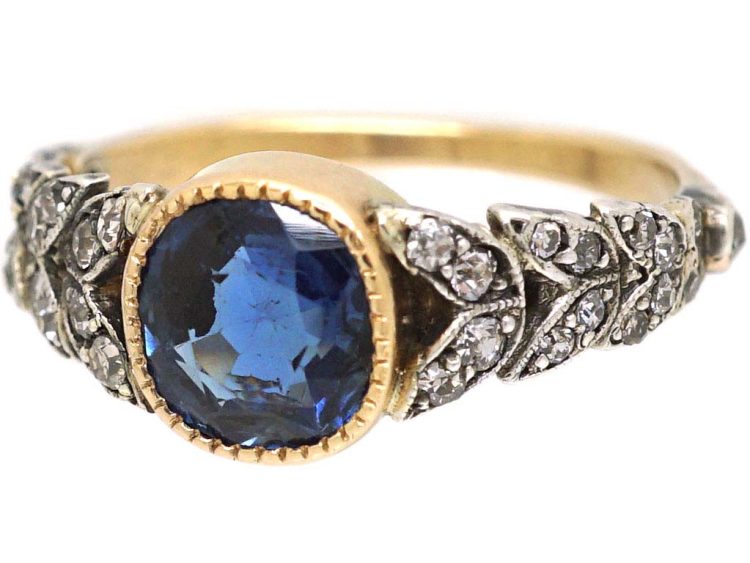 Edwardian 18ct Gold & Platinum, Sapphire & Diamond Ring with Leaf Motif