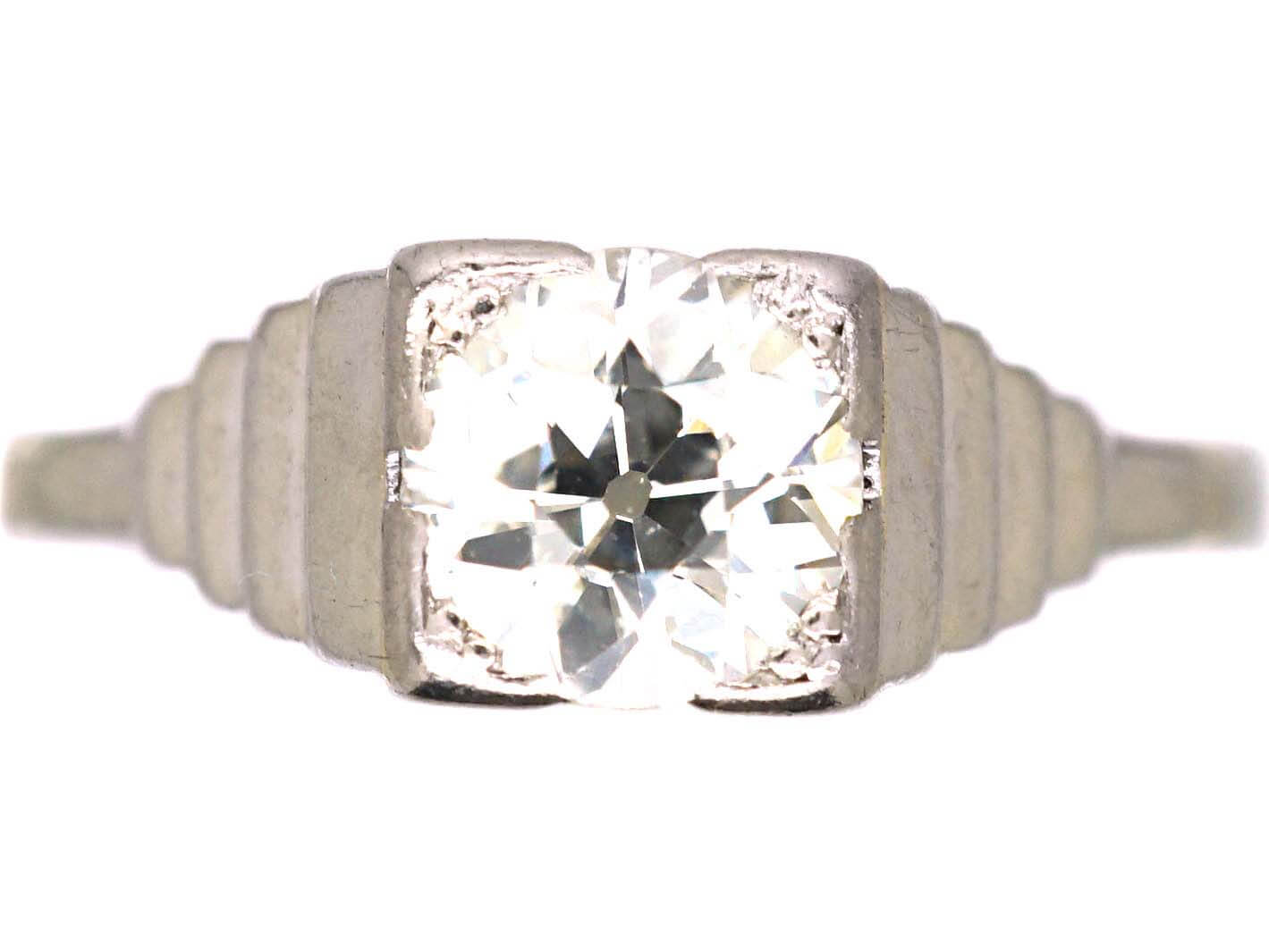 Art Deco 18ct White Gold & Platinum Solitaire Diamond Ring with Step Cut Shoulders