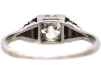 Art Deco 18ct White Gold & Platinum Solitaire Diamond Ring with Step Cut Shoulders