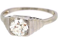 Art Deco 18ct White Gold & Platinum Solitaire Diamond Ring with Step Cut Shoulders