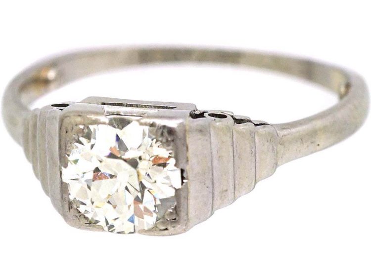 Art Deco 18ct White Gold & Platinum Solitaire Diamond Ring with Step Cut Shoulders