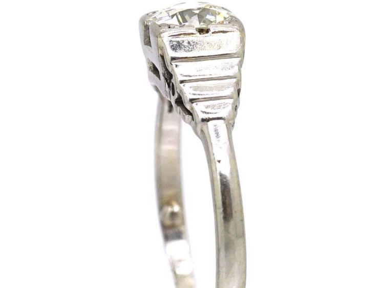 Art Deco 18ct White Gold & Platinum Solitaire Diamond Ring with Step Cut Shoulders