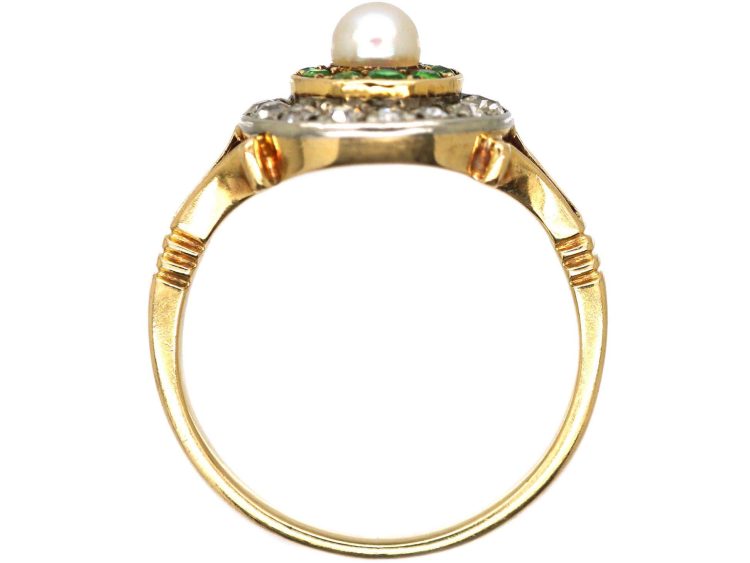Edwardian 18ct Gold & Platinum Cluster Ring set with Green Garnets, Diamonds & a Natural Pearl