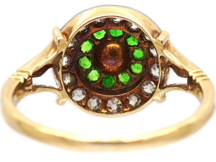 Edwardian 18ct Gold & Platinum Cluster Ring set with Green Garnets, Diamonds & a Natural Pearl