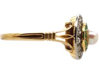 Edwardian 18ct Gold & Platinum Cluster Ring set with Green Garnets, Diamonds & a Natural Pearl