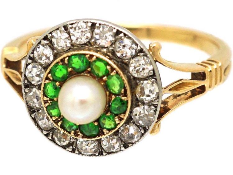 Edwardian 18ct Gold & Platinum Cluster Ring set with Green Garnets, Diamonds & a Natural Pearl