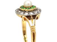 Edwardian 18ct Gold & Platinum Cluster Ring set with Green Garnets, Diamonds & a Natural Pearl