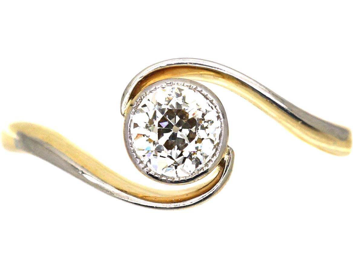 Art Nouveau 18ct Gold & Platinum, Diamond Solitaire Twist Ring
