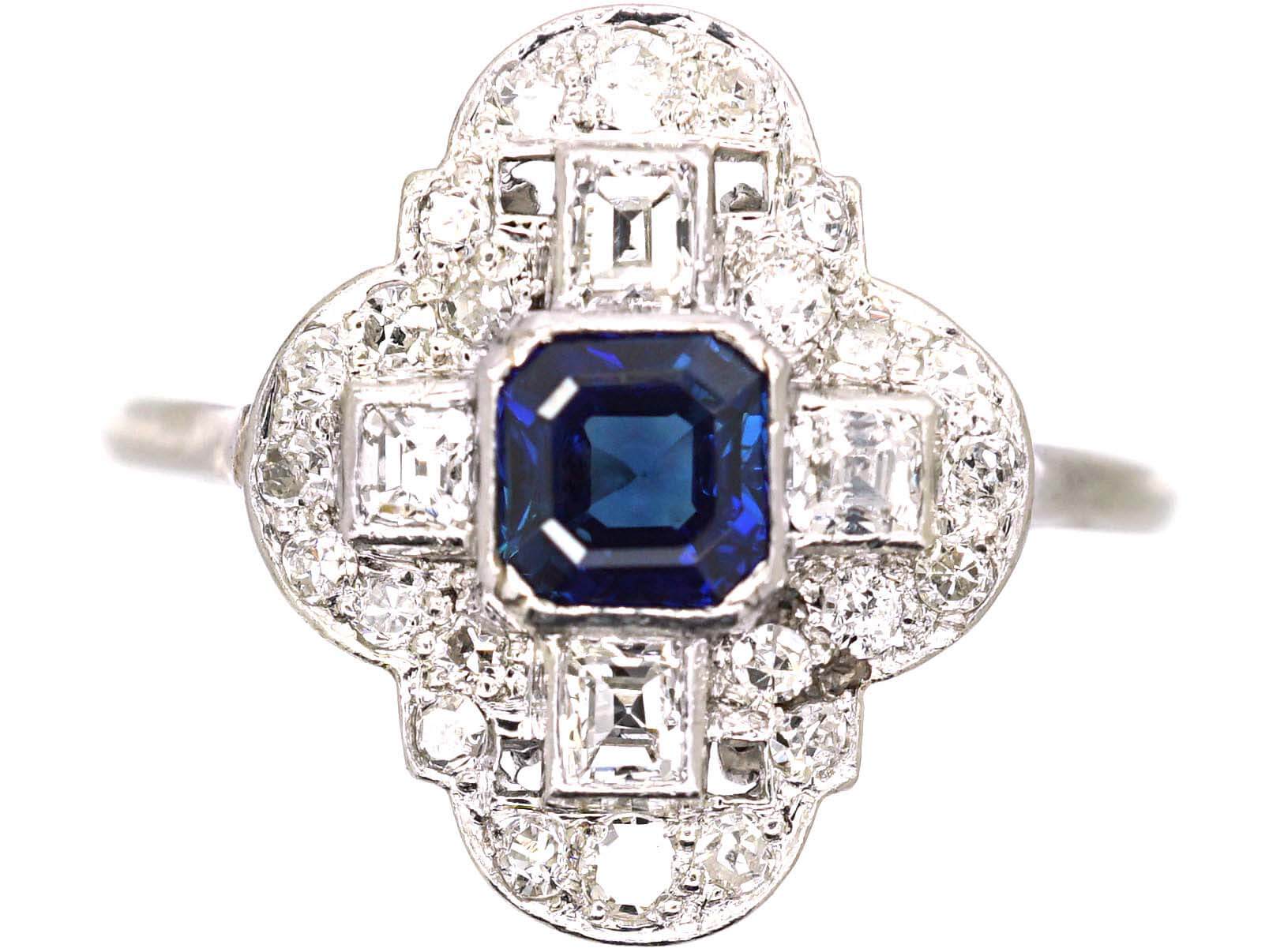Art Deco Platinum, Octagonal Cut Sapphire & Diamond Ring