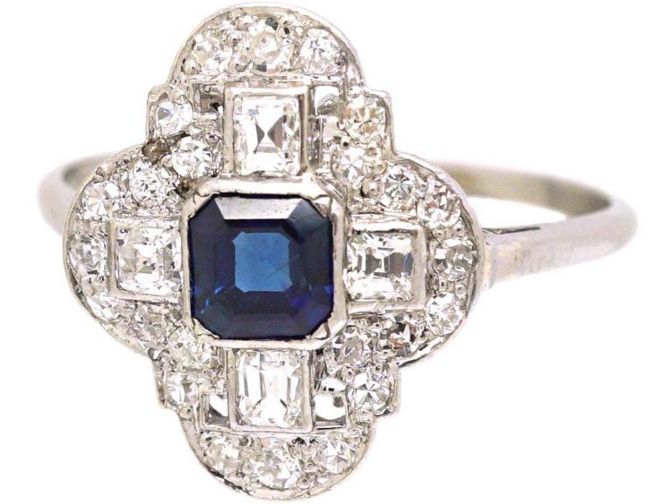 Art Deco Platinum, Octagonal Cut Sapphire & Diamond Ring