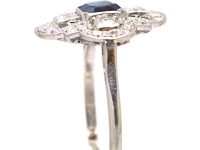 Art Deco Platinum, Octagonal Cut Sapphire & Diamond Ring