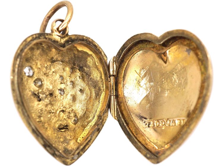 Edwardian 9ct Gold Heart Shaped Locket with Flower Motif set with Diamonds