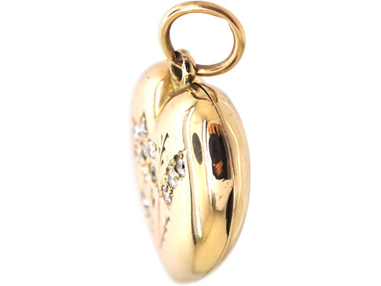 Edwardian 9ct Gold Heart Shaped Locket with Flower Motif set with Diamonds