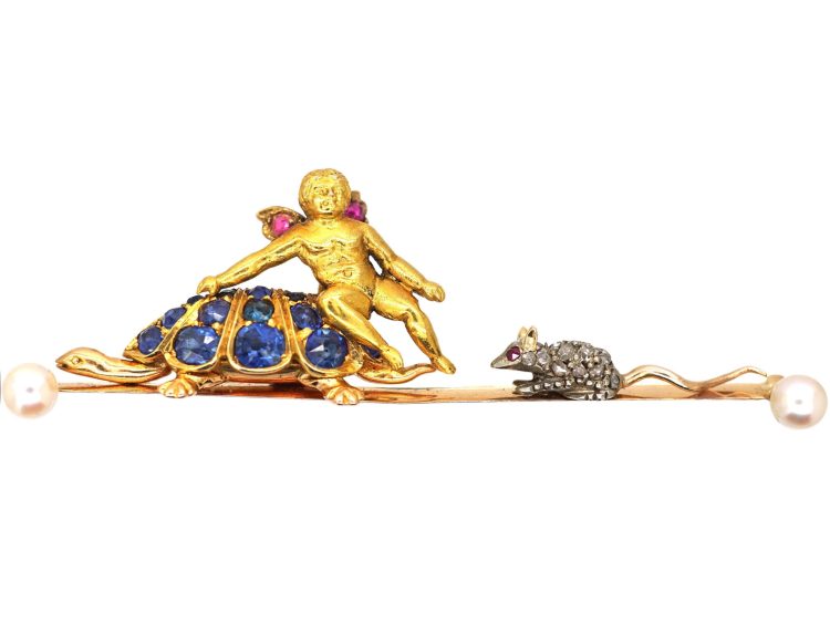 Victorian 15ct Gold Novelty Brooch of Cupid with Tortoise & Mouse set with Sapphires, Rubies , Rose Diamonds & Natural Pearls