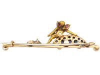 Victorian 15ct Gold Novelty Brooch of Cupid with Tortoise & Mouse set with Sapphires, Rubies , Rose Diamonds & Natural Pearls