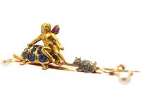 Victorian 15ct Gold Novelty Brooch of Cupid with Tortoise & Mouse set with Sapphires, Rubies , Rose Diamonds & Natural Pearls