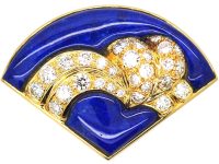 French 18ct Gold Fan Shaped Brooch set with Lapis Lazuli & Diamonds by Péry et Fils