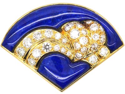 French 18ct Gold Fan Shaped Brooch set with Lapis Lazuli & Diamonds by Péry et Fils