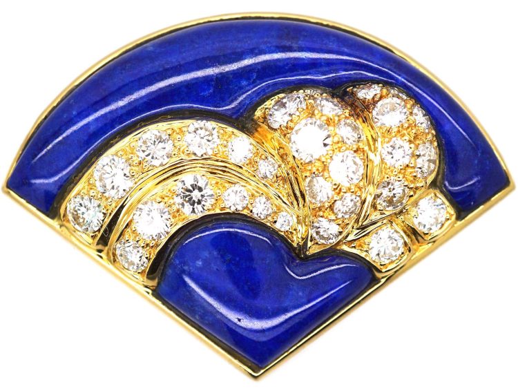 French 18ct Gold Fan Shaped Brooch set with Lapis Lazuli & Diamonds by Péry et Fils