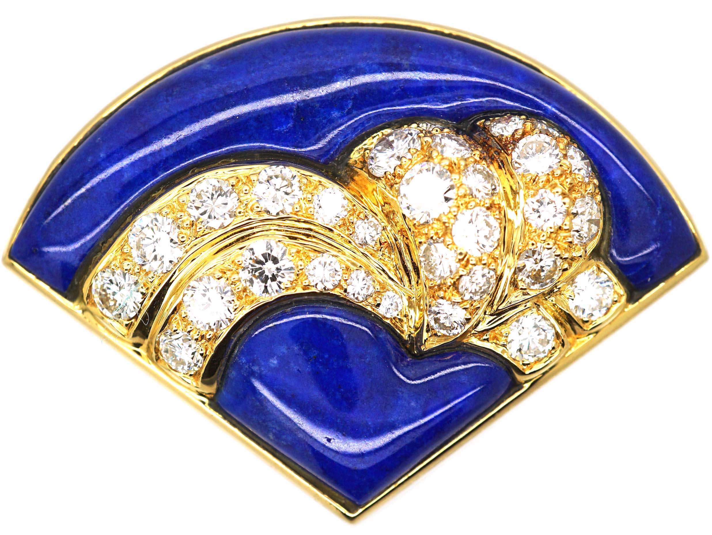 French 18ct Gold Fan Shaped Brooch set with Lapis Lazuli & Diamonds by Péry et Fils