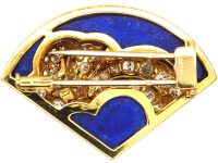 French 18ct Gold Fan Shaped Brooch set with Lapis Lazuli & Diamonds by Péry et Fils