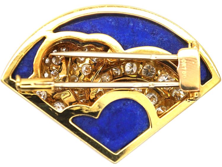 French 18ct Gold Fan Shaped Brooch set with Lapis Lazuli & Diamonds by Péry et Fils