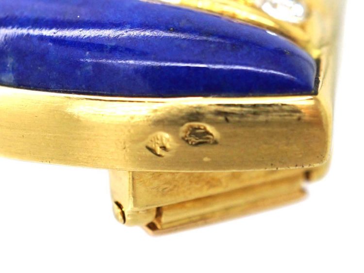 French 18ct Gold Fan Shaped Brooch set with Lapis Lazuli & Diamonds by Péry et Fils