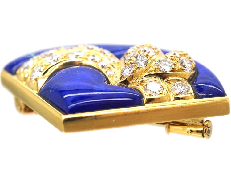 French 18ct Gold Fan Shaped Brooch set with Lapis Lazuli & Diamonds by Péry et Fils