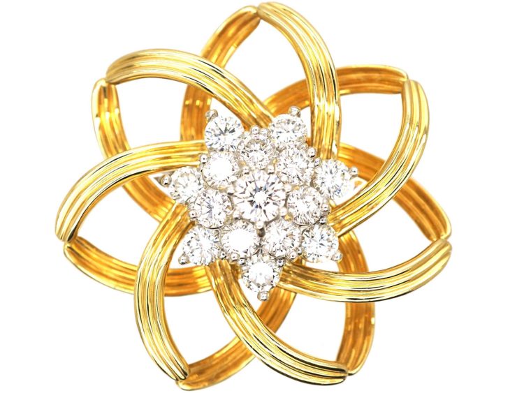 Vintage Tiffany & Co 18ct Gold Round Interlocking Brooch with Diamond Cluster
