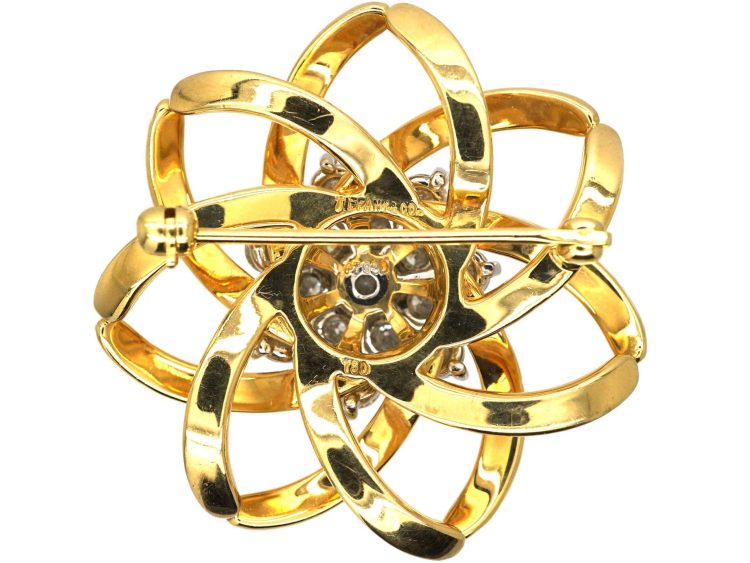 Vintage Tiffany & Co 18ct Gold Round Interlocking Brooch with Diamond Cluster