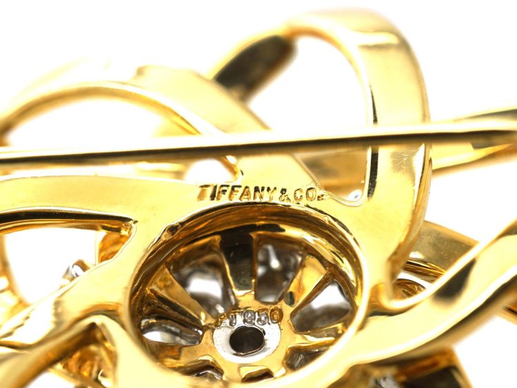 Vintage Tiffany & Co 18ct Gold Round Interlocking Brooch with Diamond Cluster