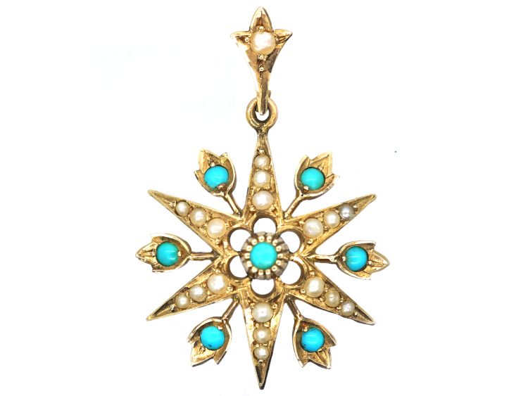 Edwardian 9ct Gold Star Pendant set with Turquoise & Natural Split Pearls
