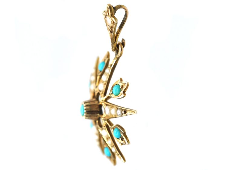 Edwardian 9ct Gold Star Pendant set with Turquoise & Natural Split Pearls