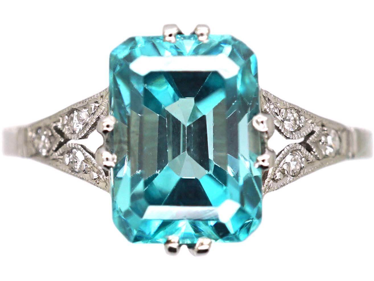 Art Deco 18ct White Gold & Platinum Rectangular Zircon & Diamond Ring