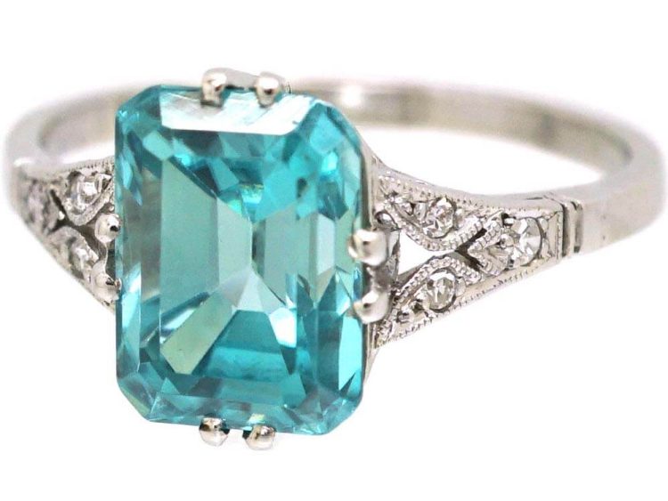 Art Deco 18ct White Gold & Platinum Rectangular Zircon & Diamond Ring
