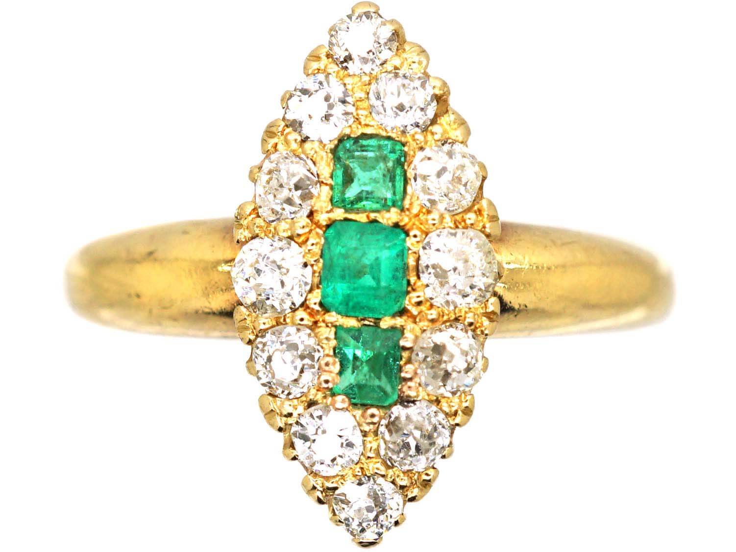Victorian 18ct Gold Marquise Ring set with Emeralds & Diamonds