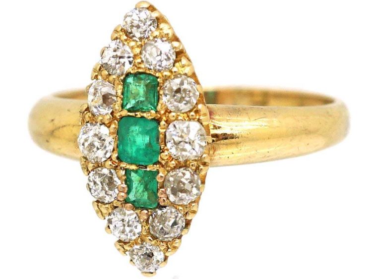 Victorian 18ct Gold Marquise Ring set with Emeralds & Diamonds