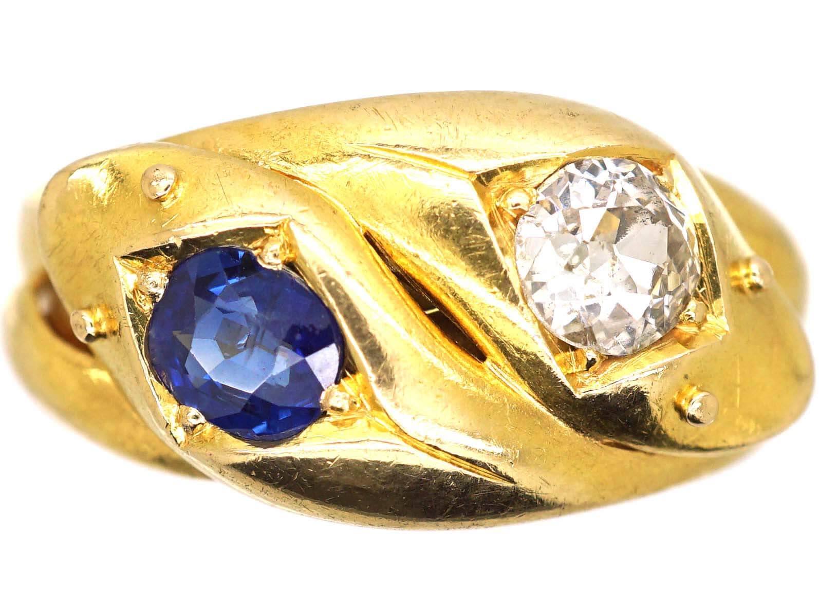 Victorian 18ct Gold Double Snake Ring set with a Sapphire & Diamond
