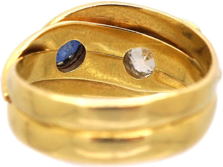 Victorian 18ct Gold Double Snake Ring set with a Sapphire & Diamond