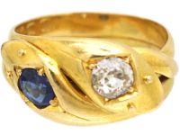 Victorian 18ct Gold Double Snake Ring set with a Sapphire & Diamond