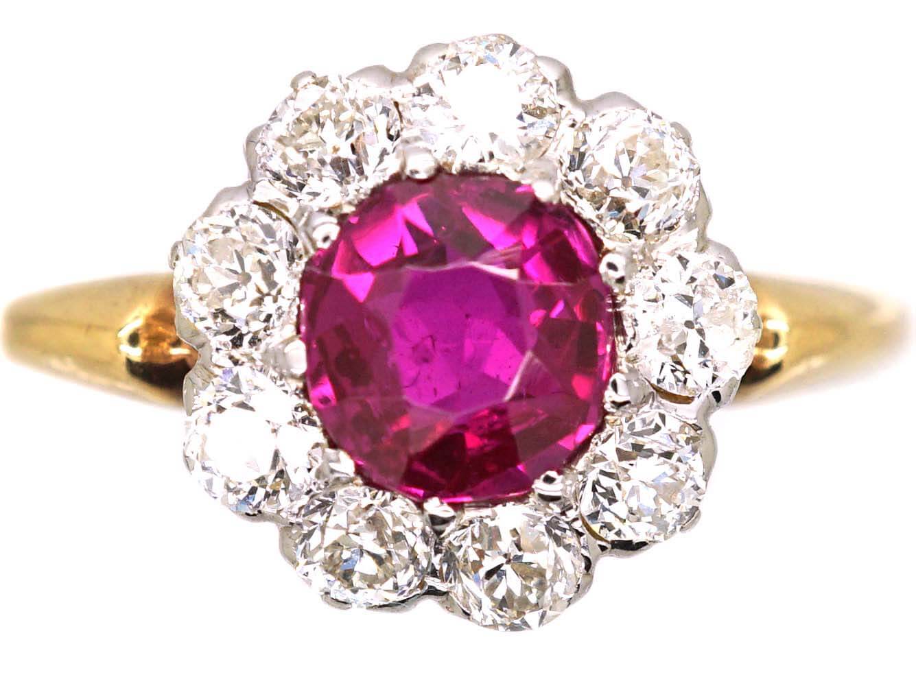 Edwardian 18ct Gold Burma Ruby & Diamond Cluster Ring