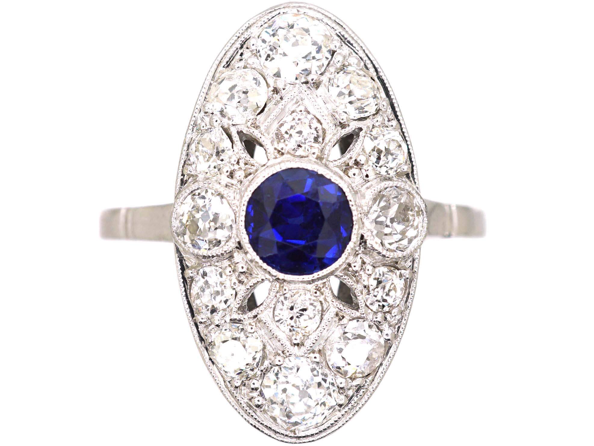 Art Deco Platinum Navette Shpaed Ring set with a Sapphire & Diamonds