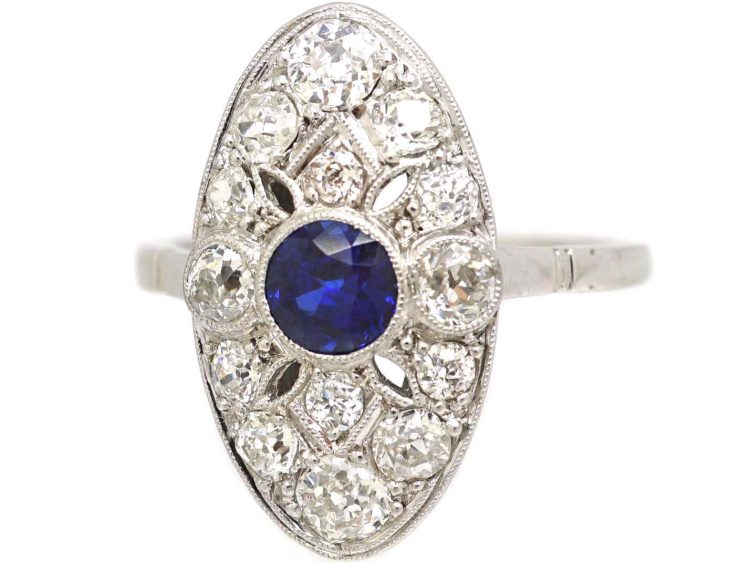 Art Deco Platinum Navette Shpaed Ring set with a Sapphire & Diamonds