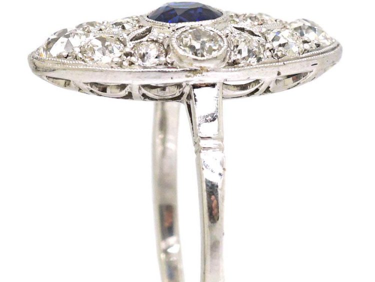 Art Deco Platinum Navette Shpaed Ring set with a Sapphire & Diamonds