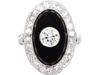 French Art Deco Platinum, Onyx & Diamond Oval Ring