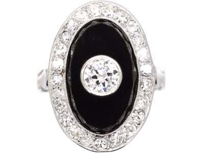 French Art Deco Platinum, Onyx & Diamond Oval Ring