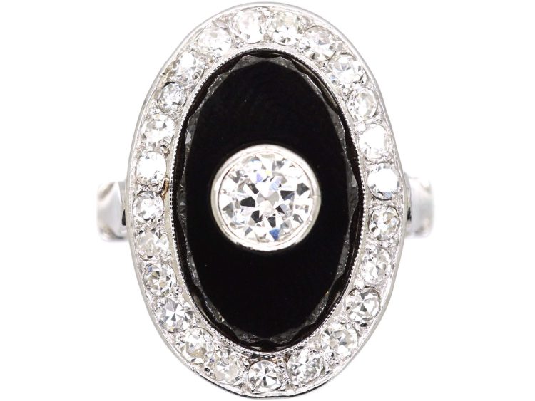 French Art Deco Platinum, Onyx & Diamond Oval Ring