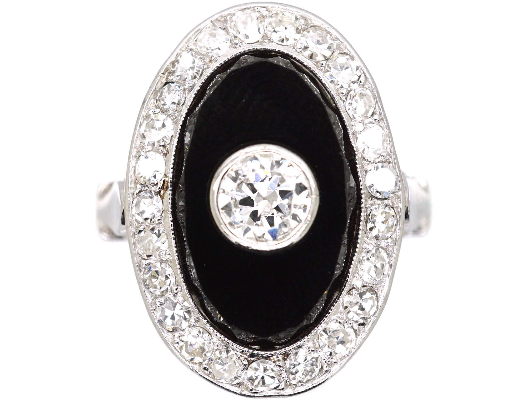 French Art Deco Platinum, Onyx & Diamond Oval Ring