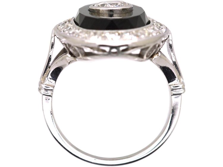 French Art Deco Platinum, Onyx & Diamond Oval Ring